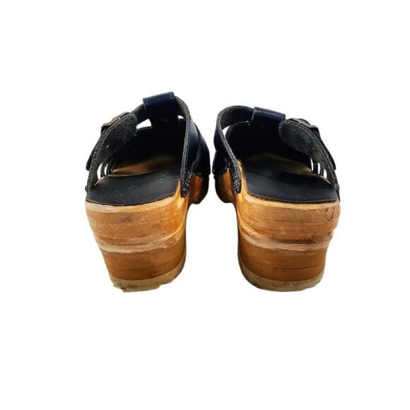 Troentorp Swedish Leather Clogs Navy Cut-Out Wood Sole Sandals Size 36 - Picture 7 of 11